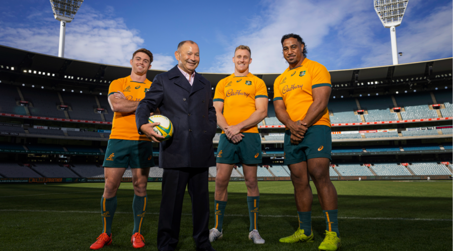 (L-R) Andrew Kellaway, Wallabies head coach Eddie Jones, Reece Hodge and Pone Fa'amausili pose for a photograph during a Wallabies media opportunity at the MCG on May 01, 2023 in Melbourne, Australia. (Photo by Daniel Pockett/Getty Images)